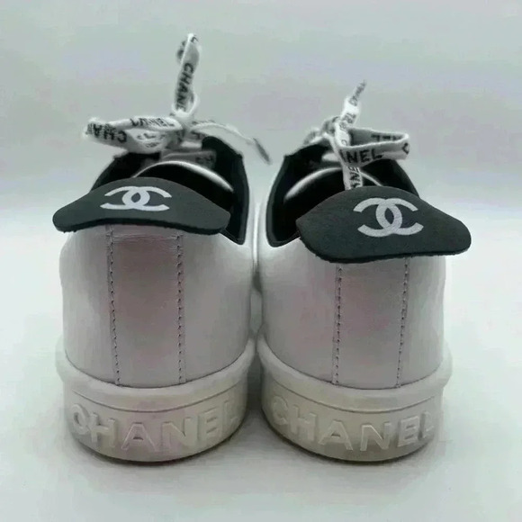 Chanel White Leather Casual Sneakers: Women's Size 36.5 Logo Laces CC - Picture 6 of 13